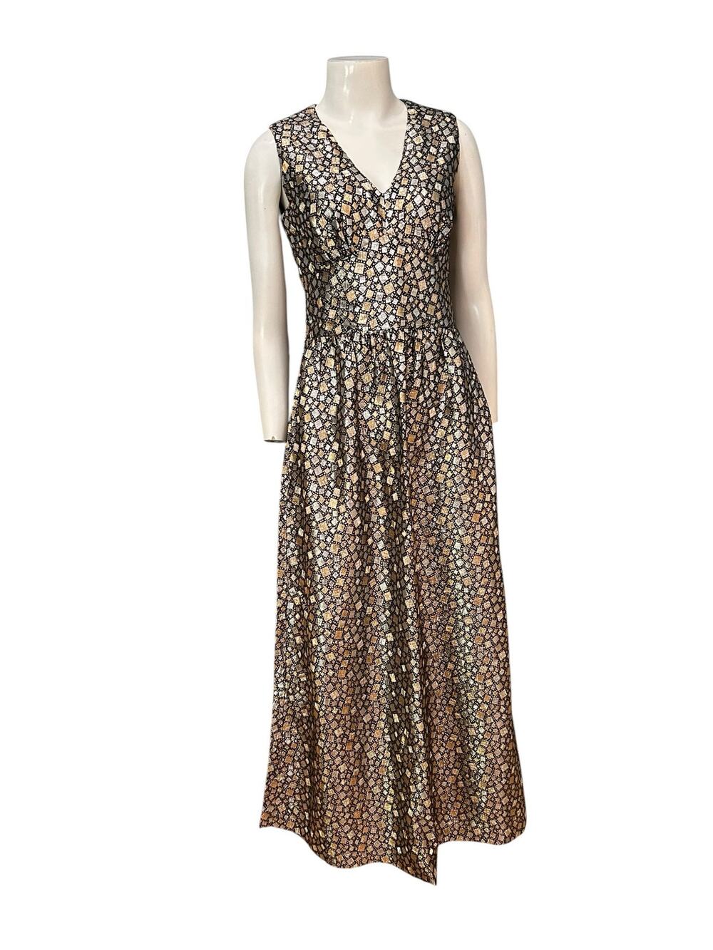 Vintage 70s Metallic Gold Silver Black Maxi Dress Handmade Disco XS -